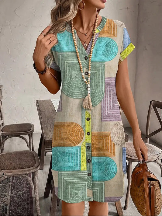 Lucille Women's Geometric Print Midi Dress Short Sleeve Button-Front Casual Dress in Multicolour