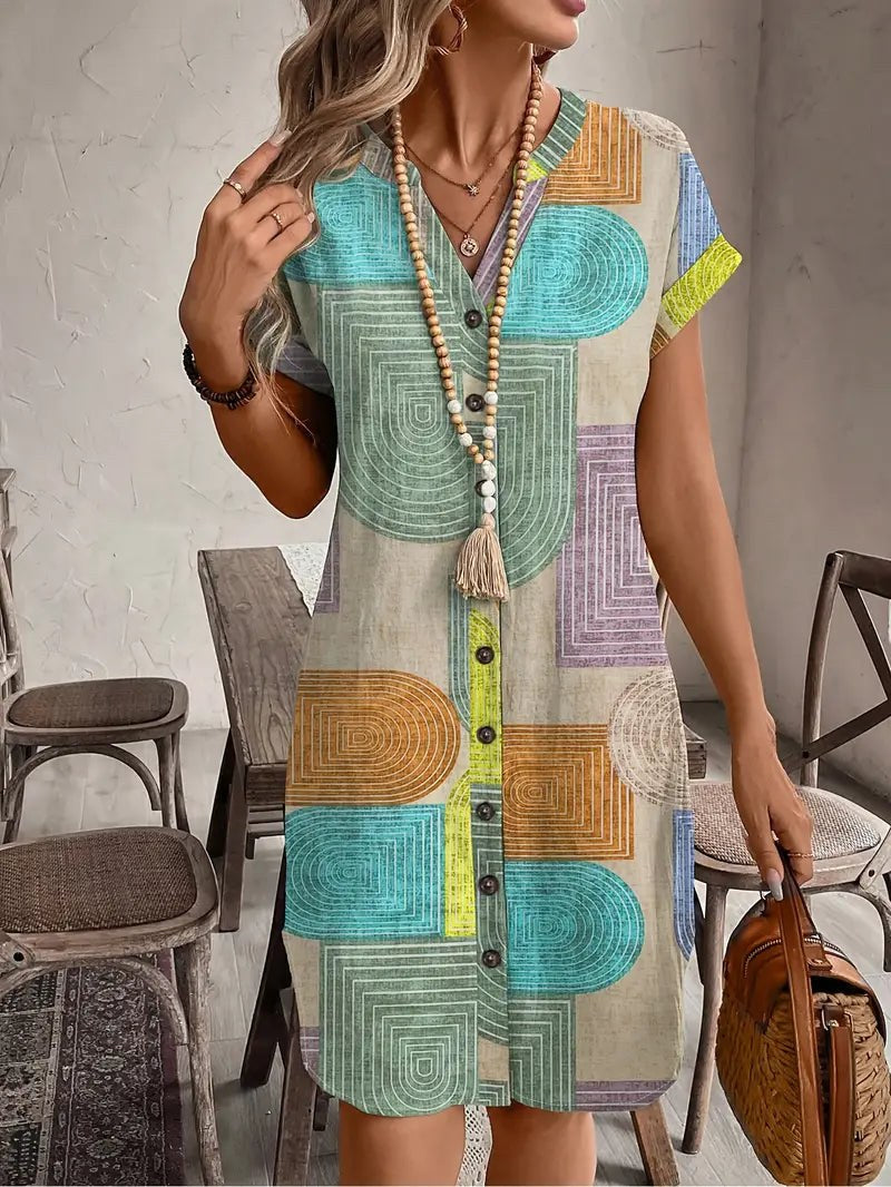 Lucille Women's Geometric Print Midi Dress Short Sleeve Button-Front Casual Dress in Multicolour