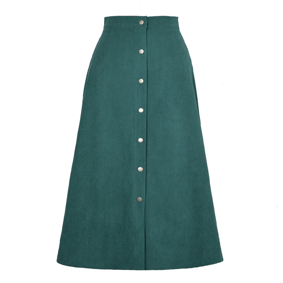 Ludmila Corduroy Skirt with Button Front in Green