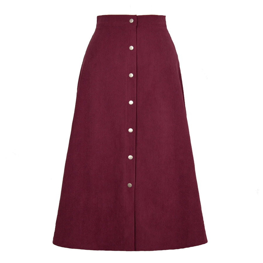 Ludmila Corduroy Skirt with Button Front in Wine Red