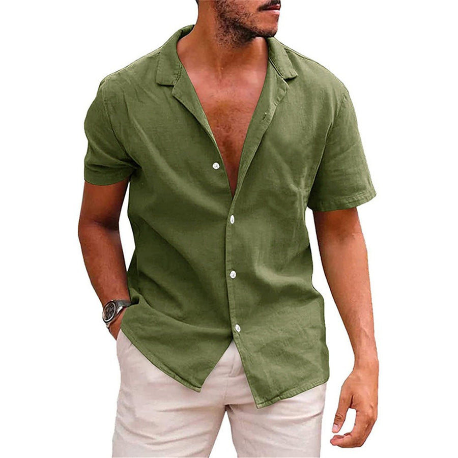 Ludwig Lightweight Linen Shirt with Short Sleeve in Olive Green