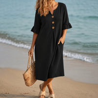 Lumara Women's Casual Midi Dress with Button Detail in Black