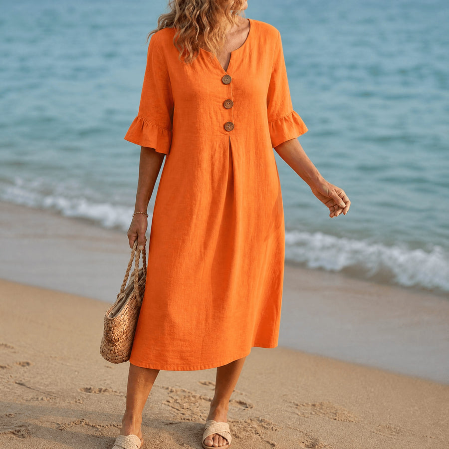 Lumara Women's Casual Midi Dress with Button Detail in Orange