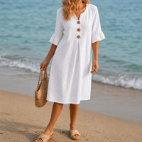 Lumara Women's Casual Midi Dress with Button Detail in White