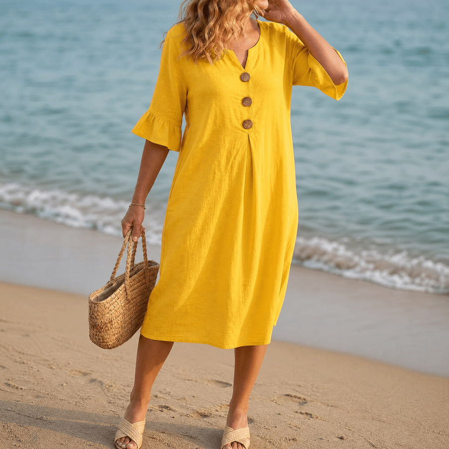 Lumara Women's Casual Midi Dress with Button Detail in Yellow