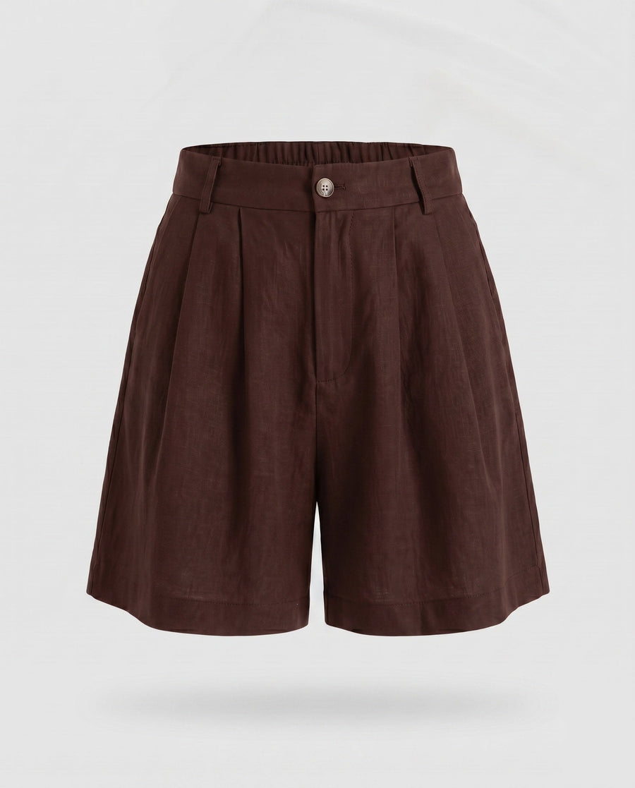 Lumi Elegant Linen Shorts with Pleated in Dark Brown