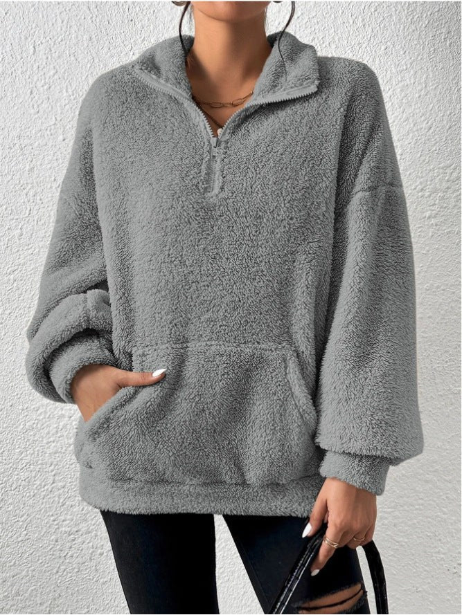 Luna Sweater with Stand Collar and Side Pockets in Grey