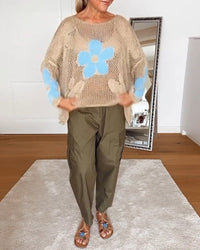 Luna Women's Oversized Crochet Knit Top with Floral Detail in Blue