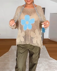 Luna Women's Oversized Crochet Knit Top with Floral Detail in Green