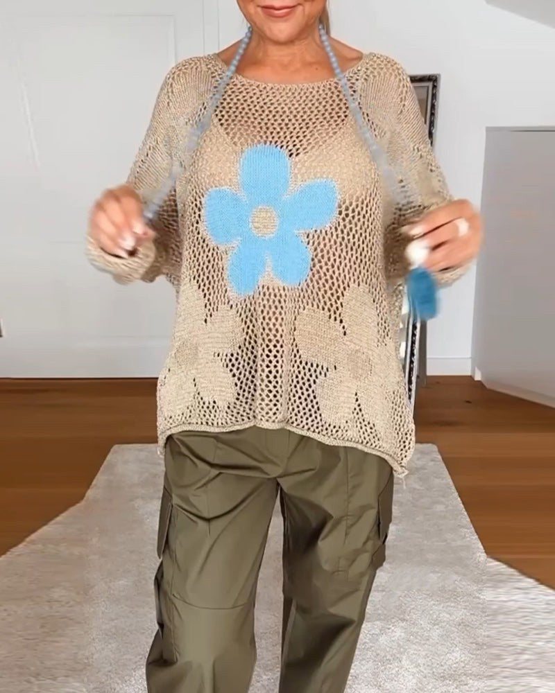 Luna Women's Oversized Crochet Knit Top with Floral Detail in Green