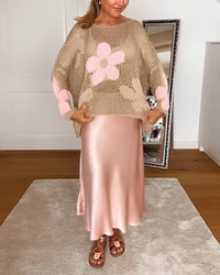 Luna Women's Oversized Crochet Knit Top with Floral Detail in Pink