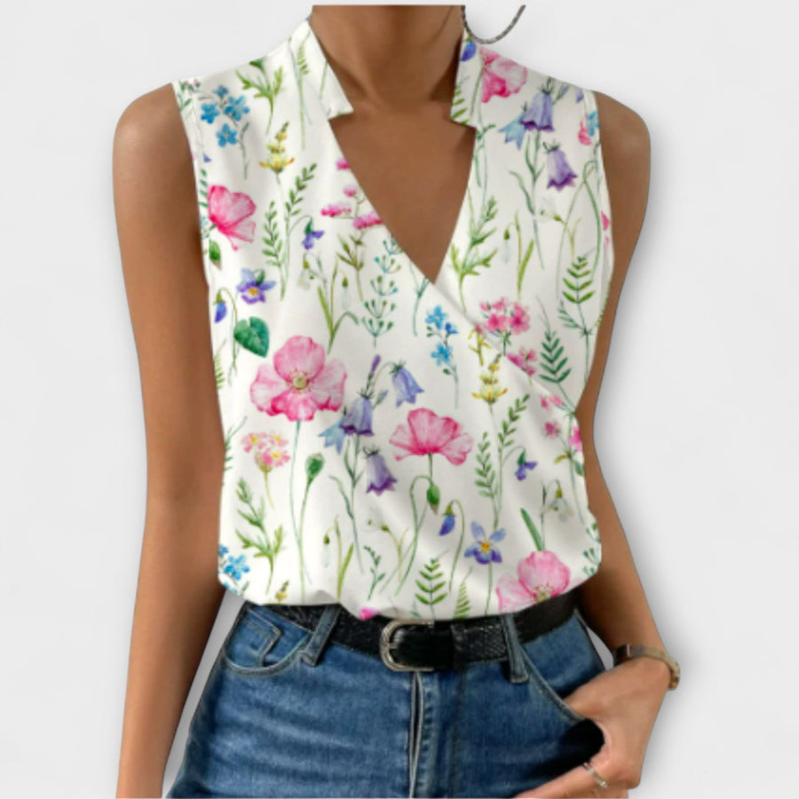 Luna Women's Sleeveless Wrap V-Neck Top Surplice Blouse in Floral 1