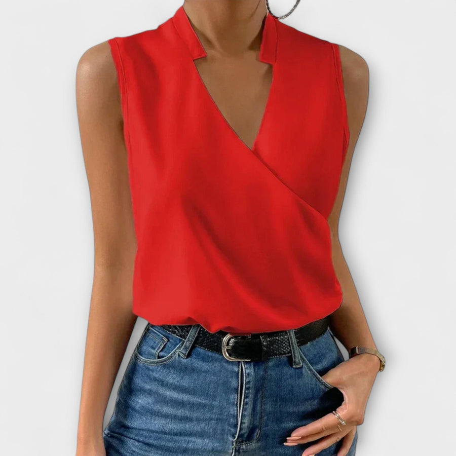 Luna Women's Sleeveless Wrap V-Neck Top Surplice Blouse in Red