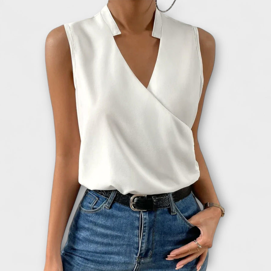 Luna Women's Sleeveless Wrap V-Neck Top Surplice Blouse in White