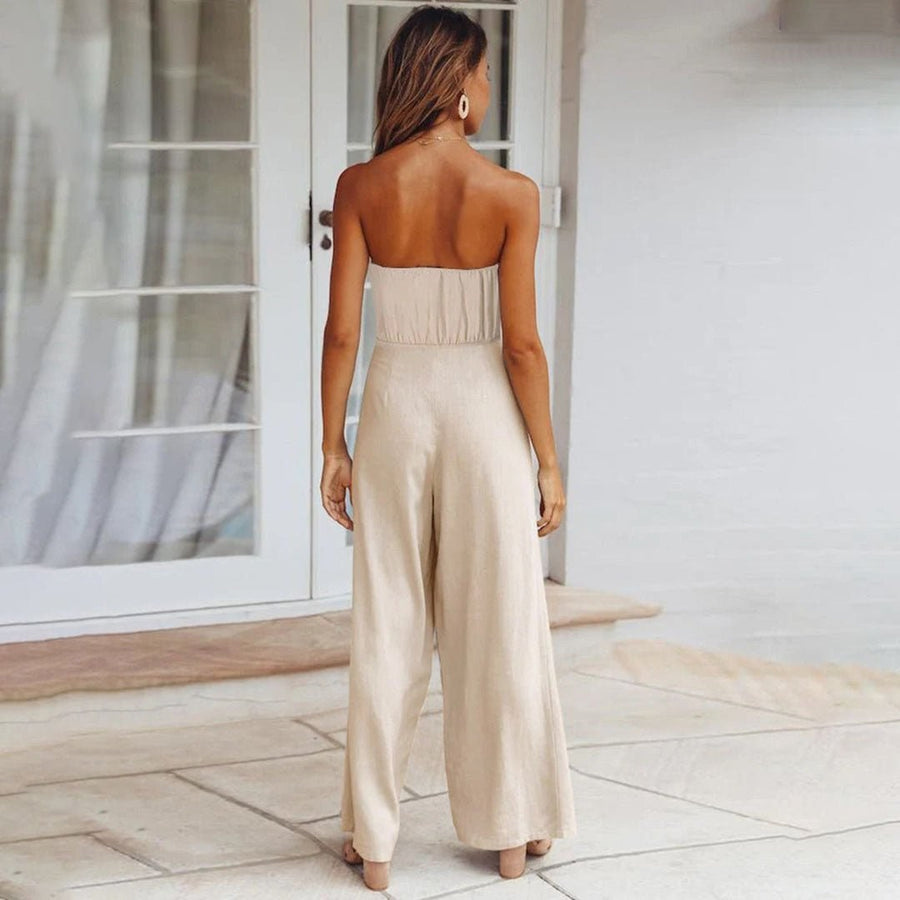 Luna Women's Strapless Wide Leg Jumpsuit Tie Waist in Beige