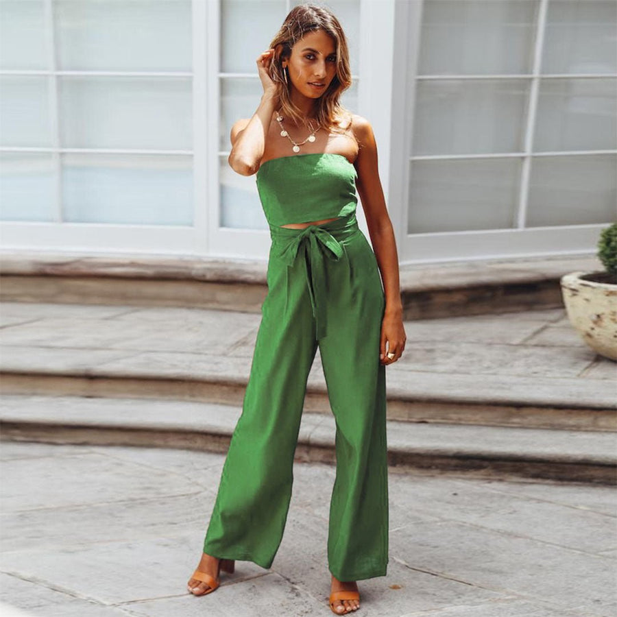 Luna Women's Strapless Wide Leg Jumpsuit Tie Waist in Green