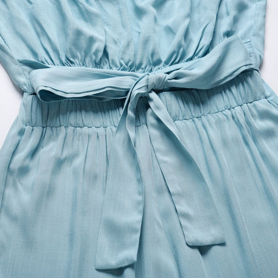 Luna Women's Strapless Wide Leg Jumpsuit Tie Waist in Light Blue