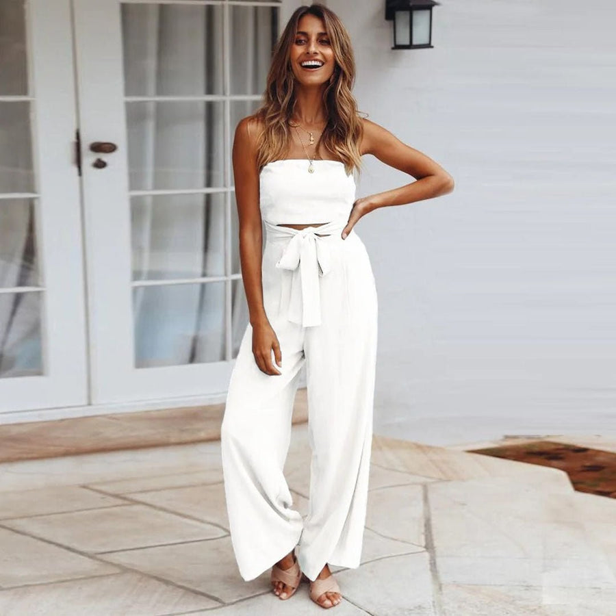 Luna Women's Strapless Wide Leg Jumpsuit Tie Waist in White