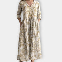 Lustrous™ Chic Flowy Bohemian Summer Dress in Beige