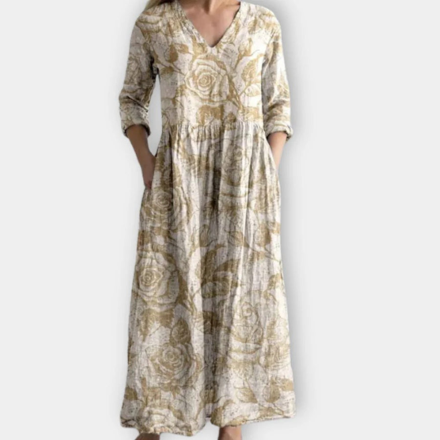 Lustrous™ Chic Flowy Bohemian Summer Dress in Beige