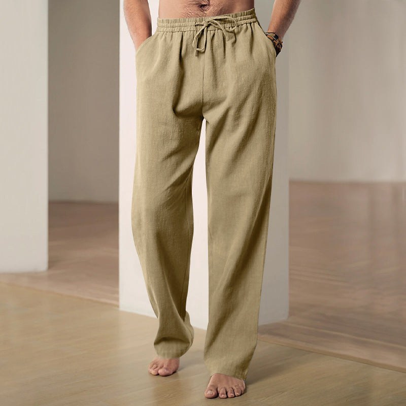 Luuk Relaxed Linen Trousers with Elastic Waist in Khaki