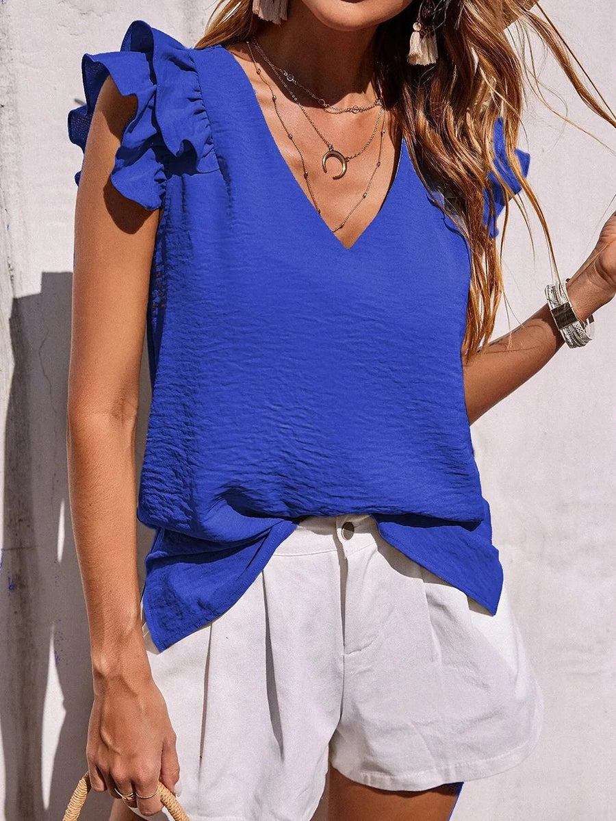 Lynette™ Playful Ruffle Sleeve Summer Top in Blue