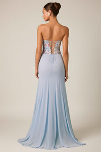 Embellished Corset Fishtail Gown in Floral Blue