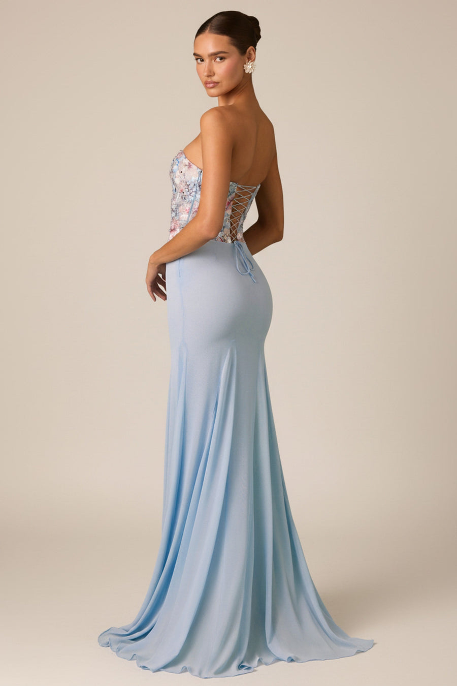 Embellished Corset Fishtail Gown in Floral Blue