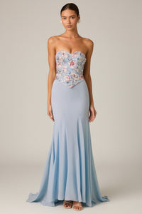 Embellished Corset Fishtail Gown in Floral Blue