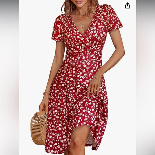NWT | MS Basic Short Sleeve Deep V-Neck MIDI Dress | Size: S | Red Floral