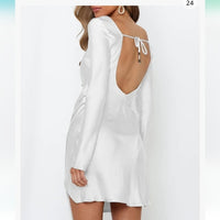 Long Sleeve Open Back Satin Mini Dress Pleated Waist Boat Neck Tie back, white