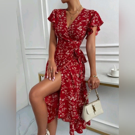 NEW Boho Floral Flutter Wrap Dress Burgundy Red