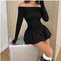 Black Elegant Women's Solid One-Shoulder Long Sleeve Ruffle Hem Mini Dress
