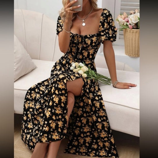 Boho floral print know front slit thigh maxi dress