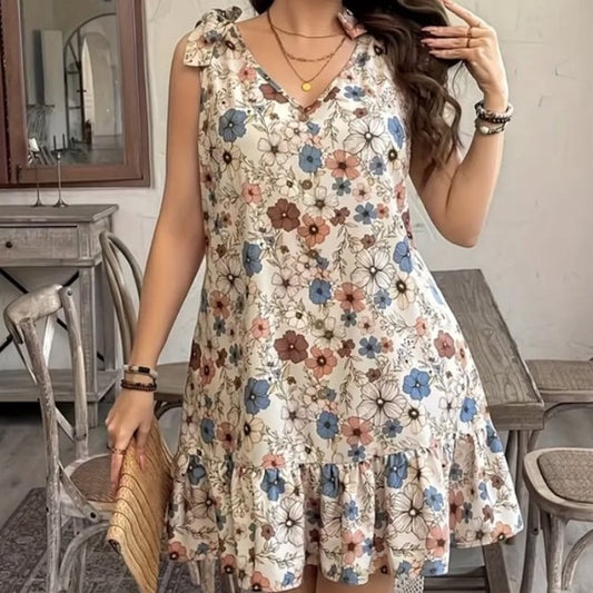New! Floral V-Neck Sleeveless Dress with Ruffled Hem &amp; Button Details. Large