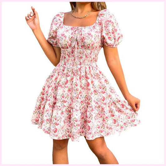 Polyester A-Line Mini Dress with Puff Sleeves and Self Tie