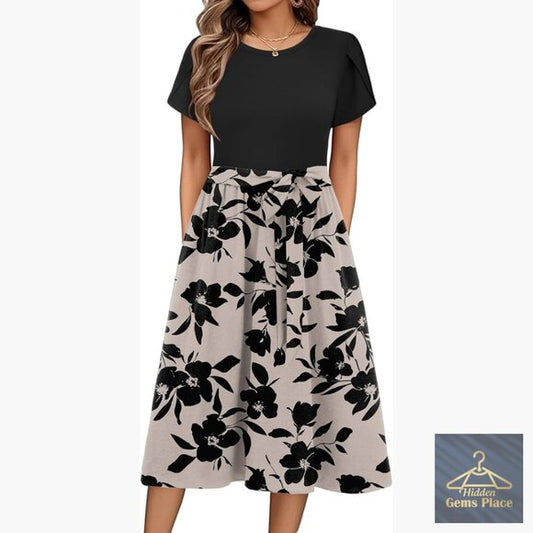 Midi Dress with Pockets Flowy A-Line Casual Summer Short Sleeve