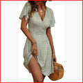 Summer Floral Wrap V-Neck Midi Dress Short Sleeve A-Line