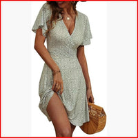 Summer Floral Wrap V-Neck Midi Dress Short Sleeve A-Line