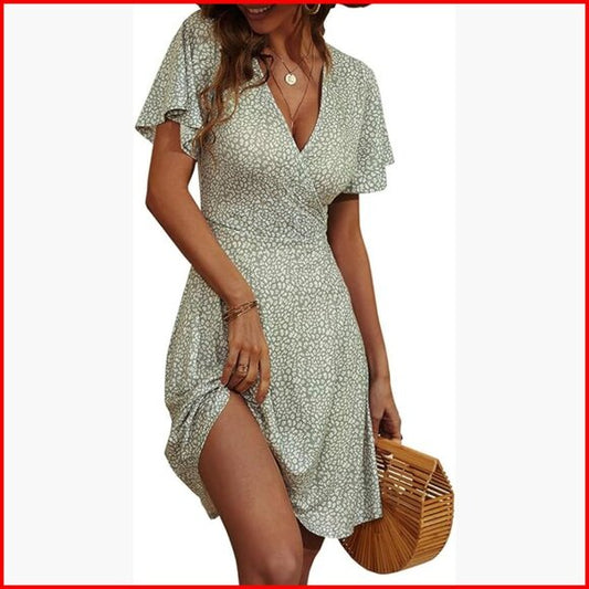 Summer Floral Wrap V-Neck Midi Dress Short Sleeve A-Line