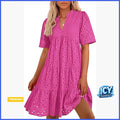 Cotton Hollow Out Lace V-Neck Mini Dress with Ruffle Tiered Hem