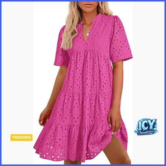 Cotton Hollow Out Lace V-Neck Mini Dress with Ruffle Tiered Hem