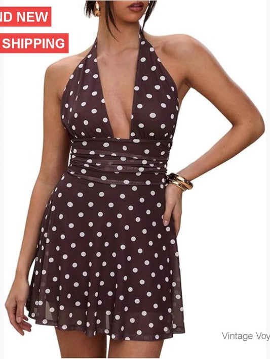 Polka Dot Ruched Backless Halter Mini Dress Deep V Neck A Line