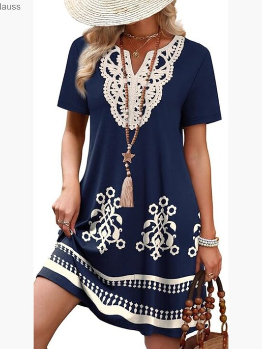 Polyester T-Shirt Dress with V-Neck Lace Trim, Casual Sheath Silhouette