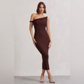 SALOME Chocolate Brown Twisted Asymmetric Midi Dress