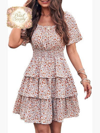 Floral Square Neck Tiered Ruffle Swing Dress Summer Casual Boho