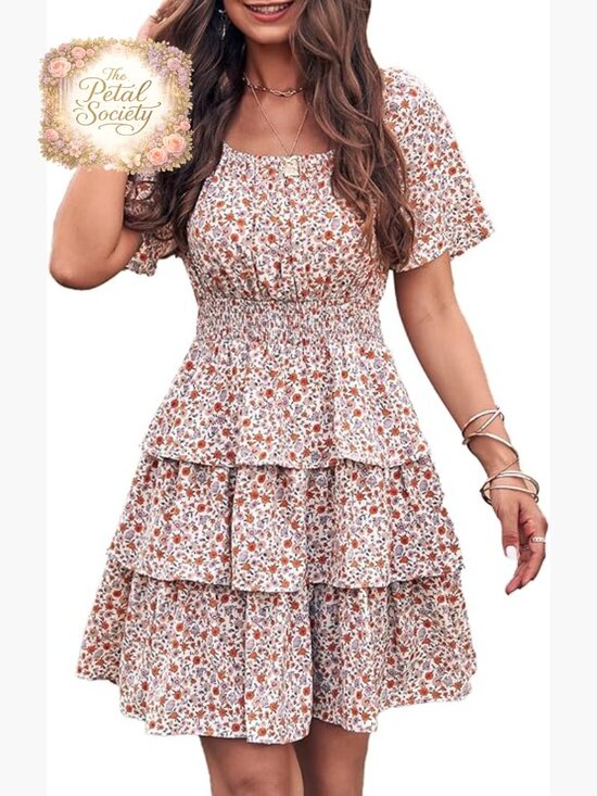 Floral Square Neck Tiered Ruffle Swing Dress Summer Casual Boho