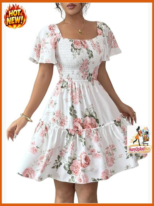 Summer Floral A Line Dress Square Neck Smocked Tiered Ruffle Vacation Chic