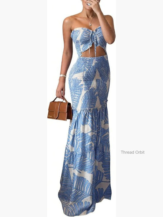 Strapless Mermaid Prom Dress with Ruffle Hem, Ruched Design, Floral Print