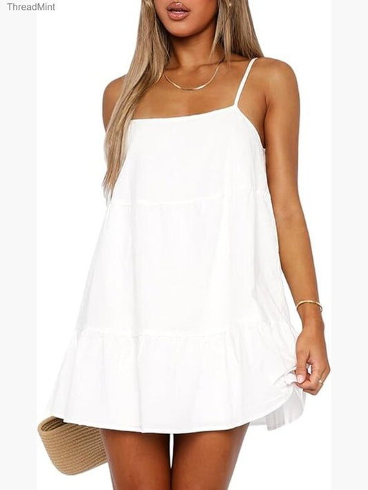 Flowy Mini Sundress Spaghetti Strap Ruffle Hem Swing Dress Loose Fit